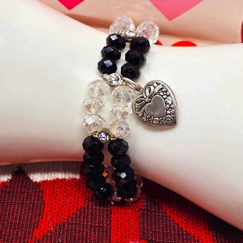 Elegant Glass Crystal Double Strand Bracelet with Heart Charm